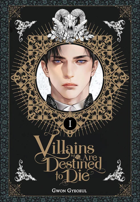 Book cover of 'Villains Are Destined to Die' with ornate design and portrait of a character.