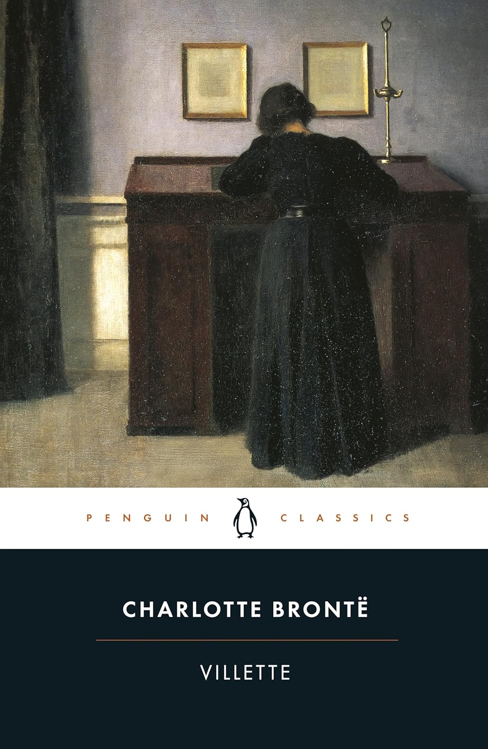 Book cover of 'Villette' by Charlotte Bronté featuring a painting of a woman in a dark room.