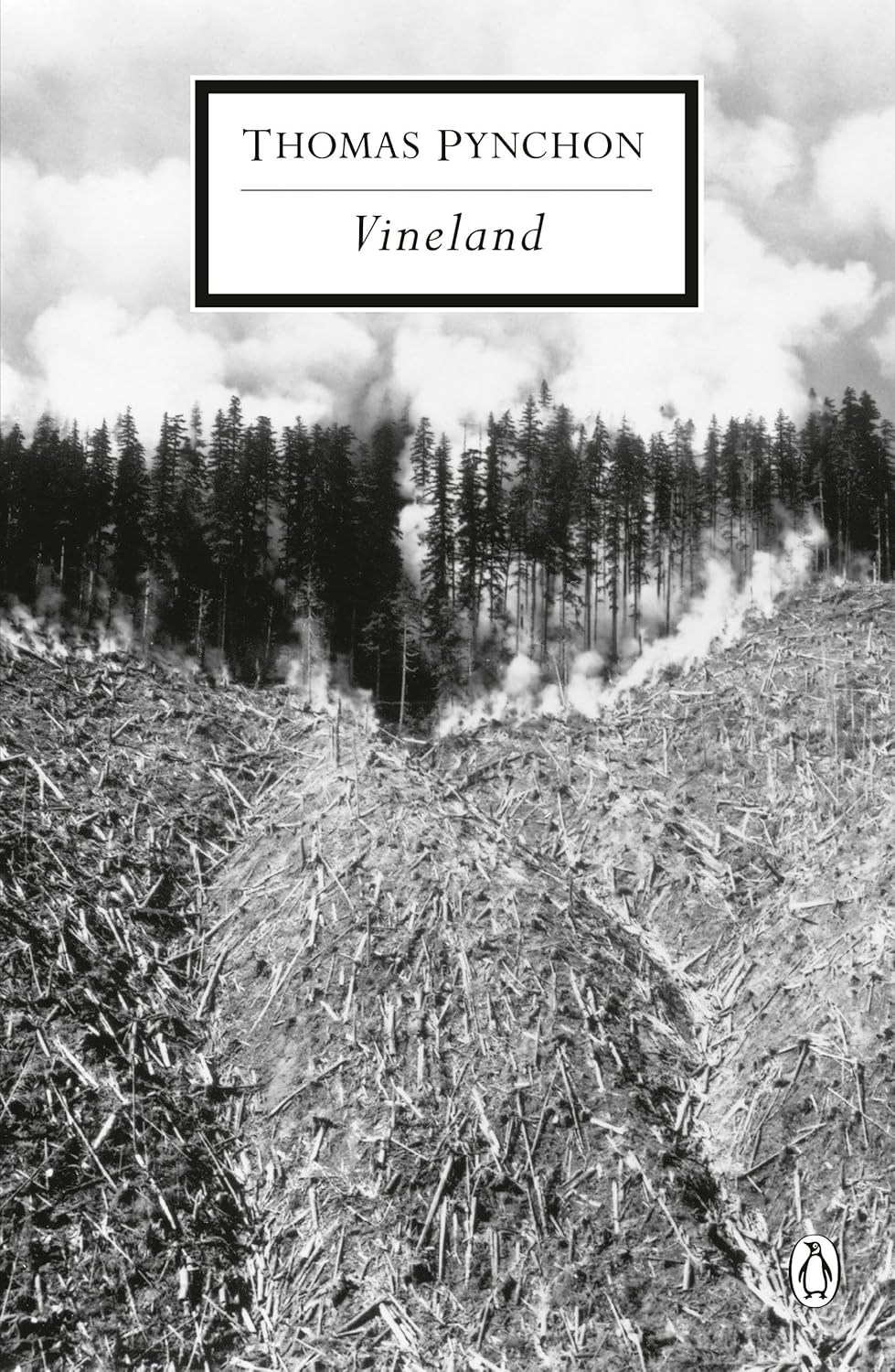 Book cover of 'Vineland' by Thomas Pynchon with a black and white landscape illustration.