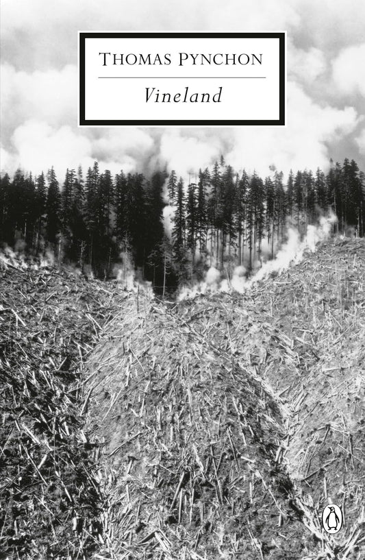 Book cover of 'Vineland' by Thomas Pynchon with a black and white landscape illustration.