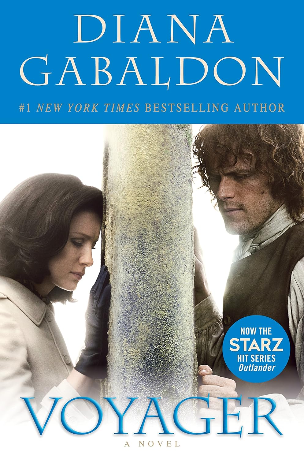 Book cover of 'Voyager' by Diana Gabaldon featuring two characters and a blue background.