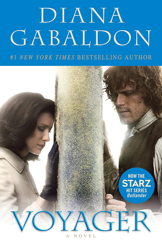 Book cover of 'Voyager' by Diana Gabaldon featuring two characters and a blue background.