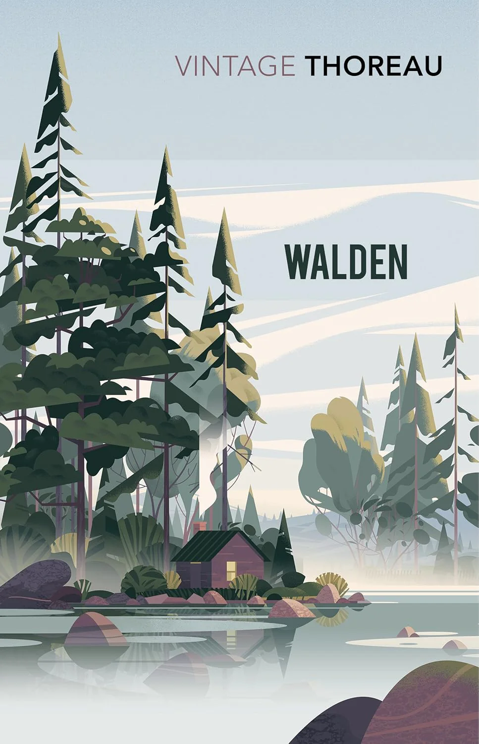 Book cover of 'Walden' by Henry David Thoreau with a forest and lake illustration.