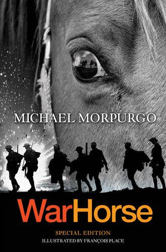 Book cover of 'War Horse' by Michael Morpurgo featuring a horse's eye and silhouettes of soldiers which is available in Bangladesh.