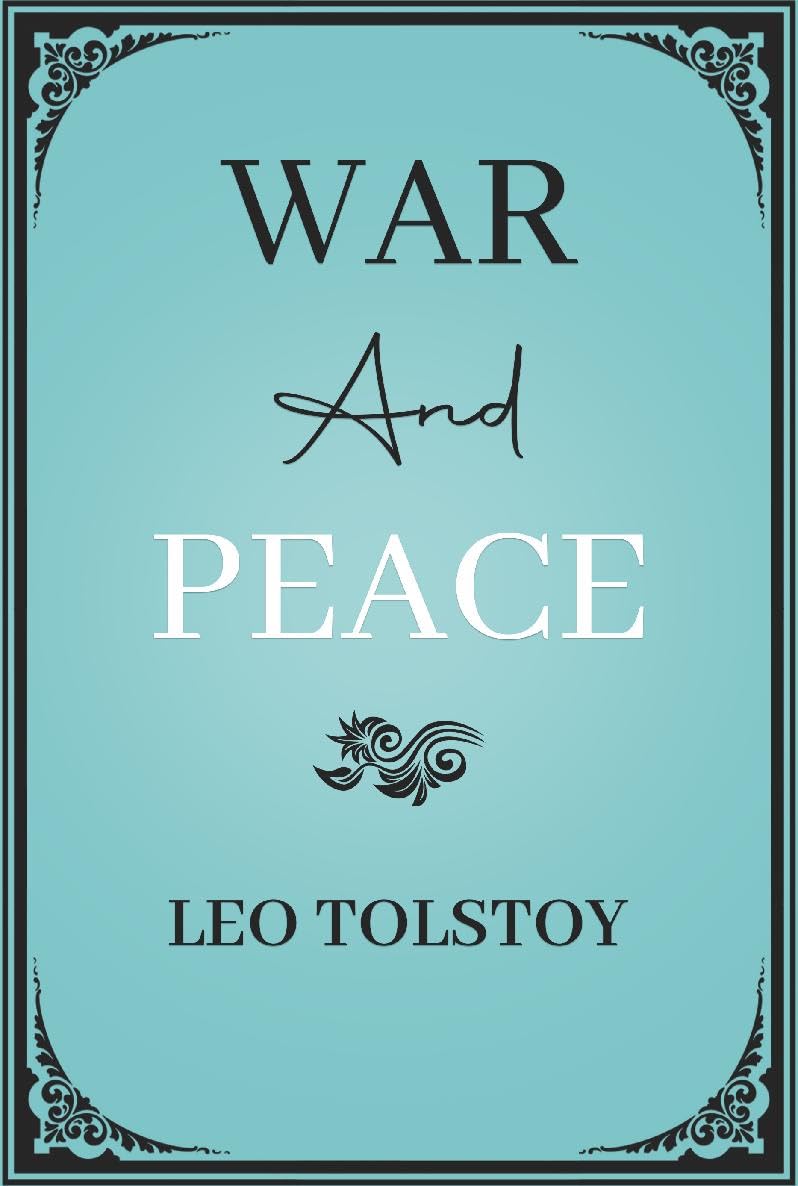 Book cover of 'War and Peace' by Leo Tolstoy with decorative elements on a blue background which is available in Bookish Wonderland.
