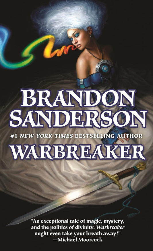 Book cover of 'Warbreaker' by Brandon Sanderson featuring a character with a sword which is available in Bangladesh.