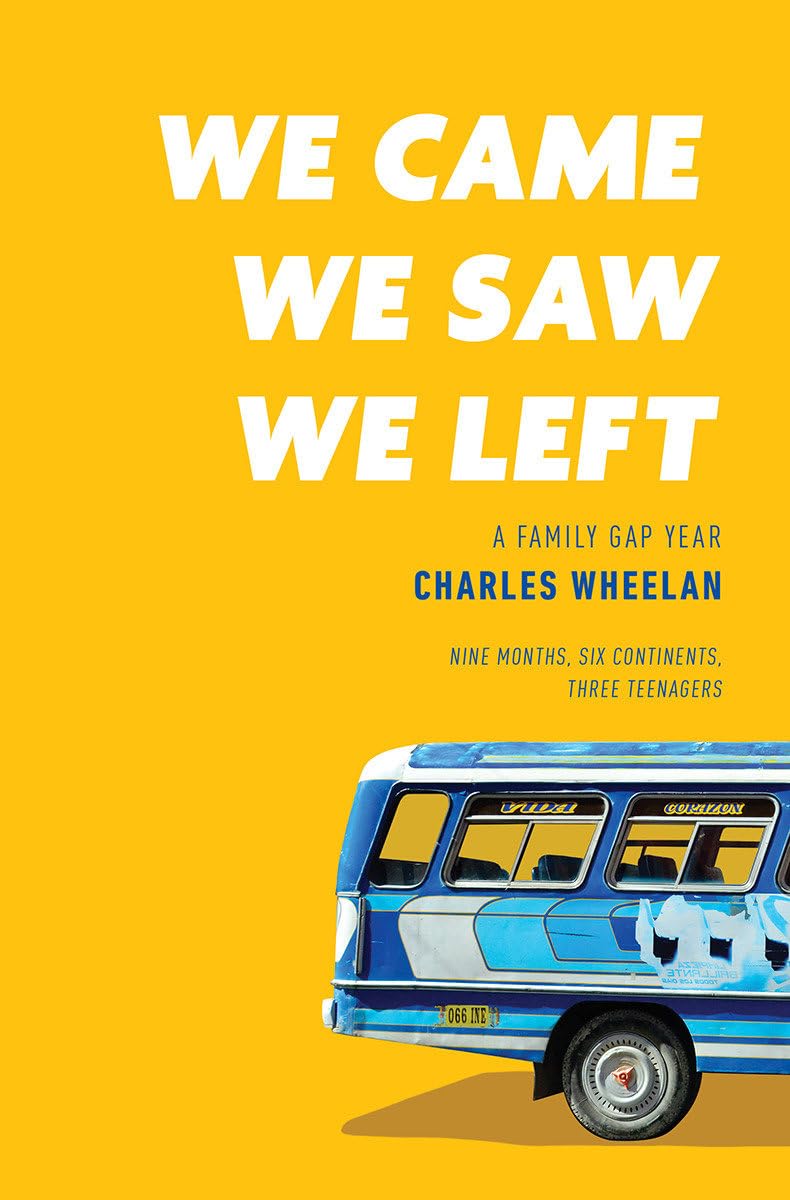 Book cover of 'We Came We Saw We Left' with a blue and white van on a yellow background