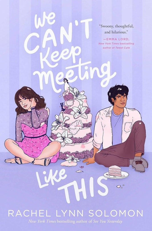 Book cover of 'We Can't Keep Meeting Like This' with two characters and a cake on a purple background.