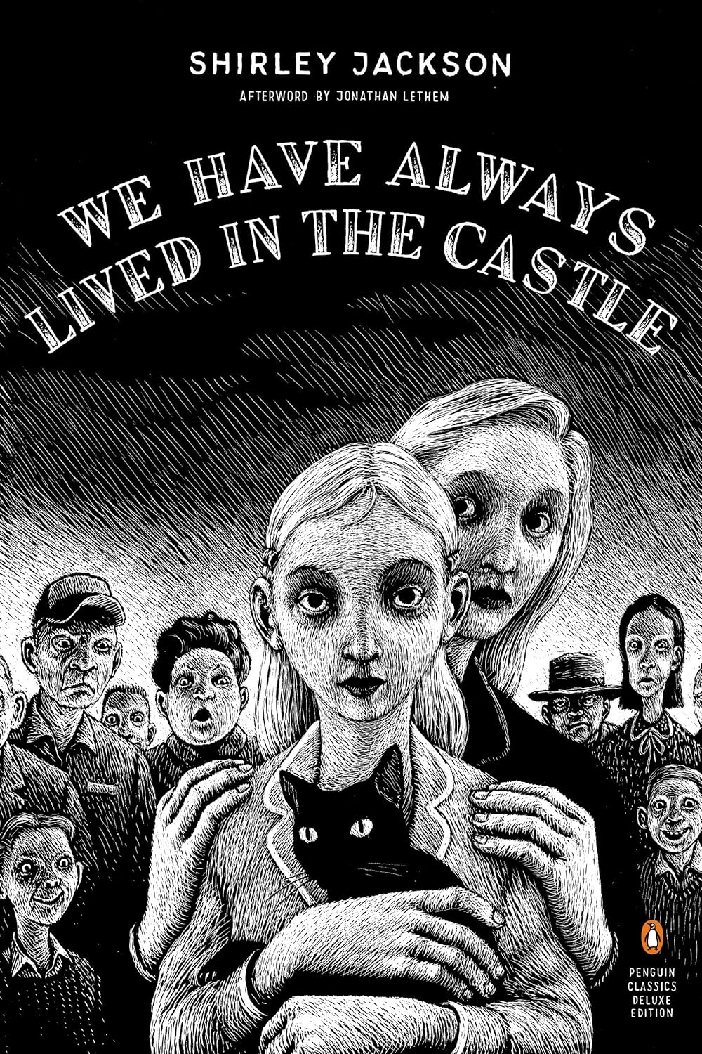 Book cover of 'We Have Always Lived in the Castle' by Shirley Jackson, featuring black and white illustration.