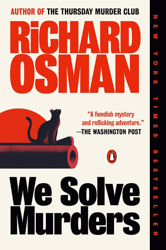 Book cover of 'We Solve Murders' by Richard Osman with a cat silhouette and red circle design.