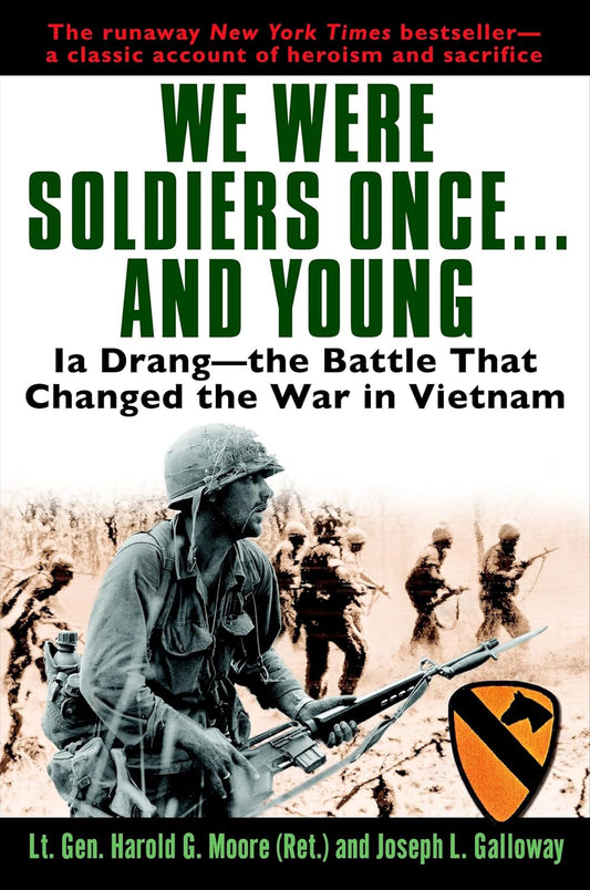 Book cover of 'We Were Soldiers Once... and Young' with soldiers and battle scene on a beige background.