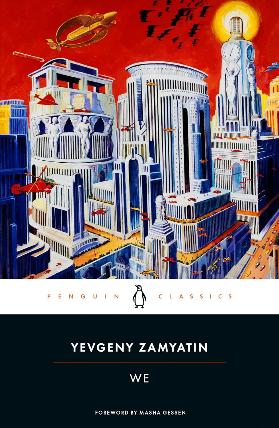 Book cover of 'We' by Yevgeny Zamyatin with futuristic city design and red background