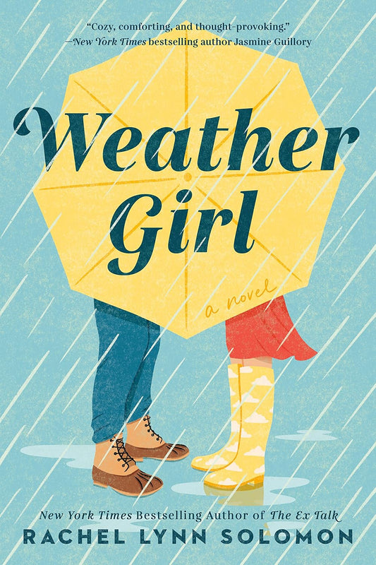 Book cover of 'Weather Girl' with a stylized illustration of two people under a yellow umbrella. Available in bd