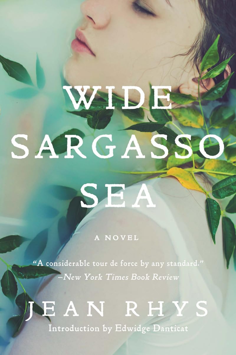 Book cover of 'Wide Sargasso Sea' with a woman's face and leaves which is available in Bangladesh.