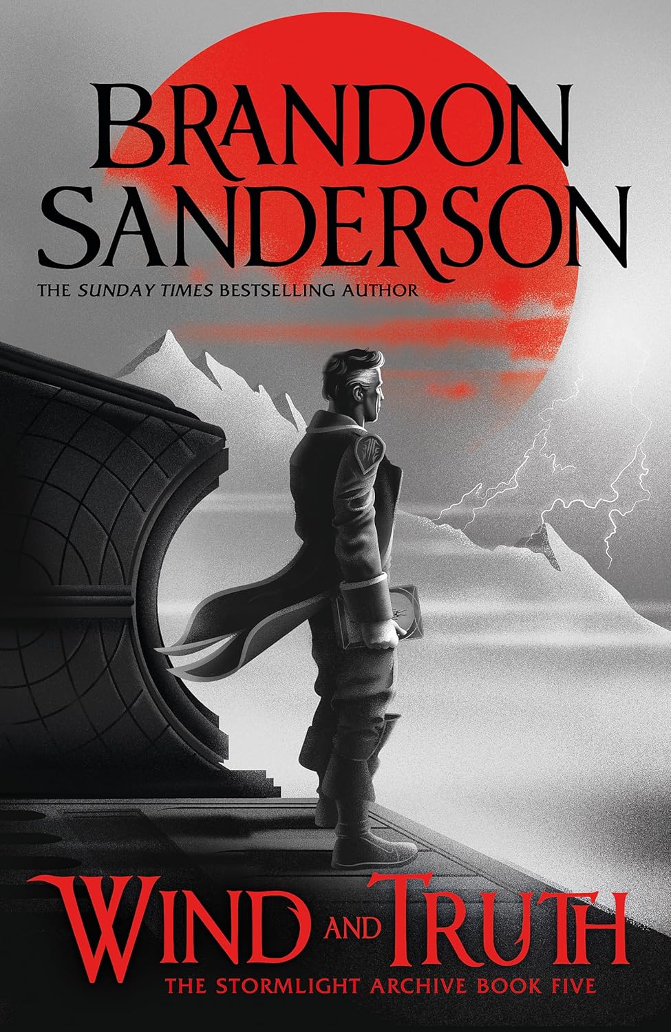 Book cover of 'Wind and Truth' by Brandon Sanderson with a character looking out over a mountainous landscape.