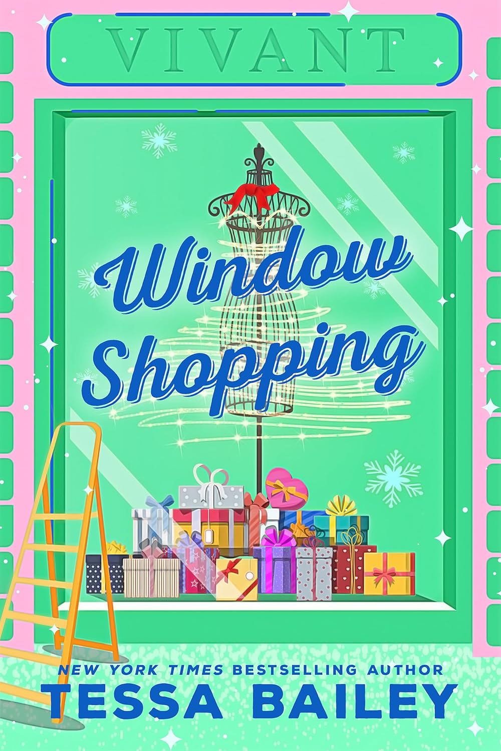 Book cover of 'Window Shopping' by Tessa Bailey with a green background and gift display.