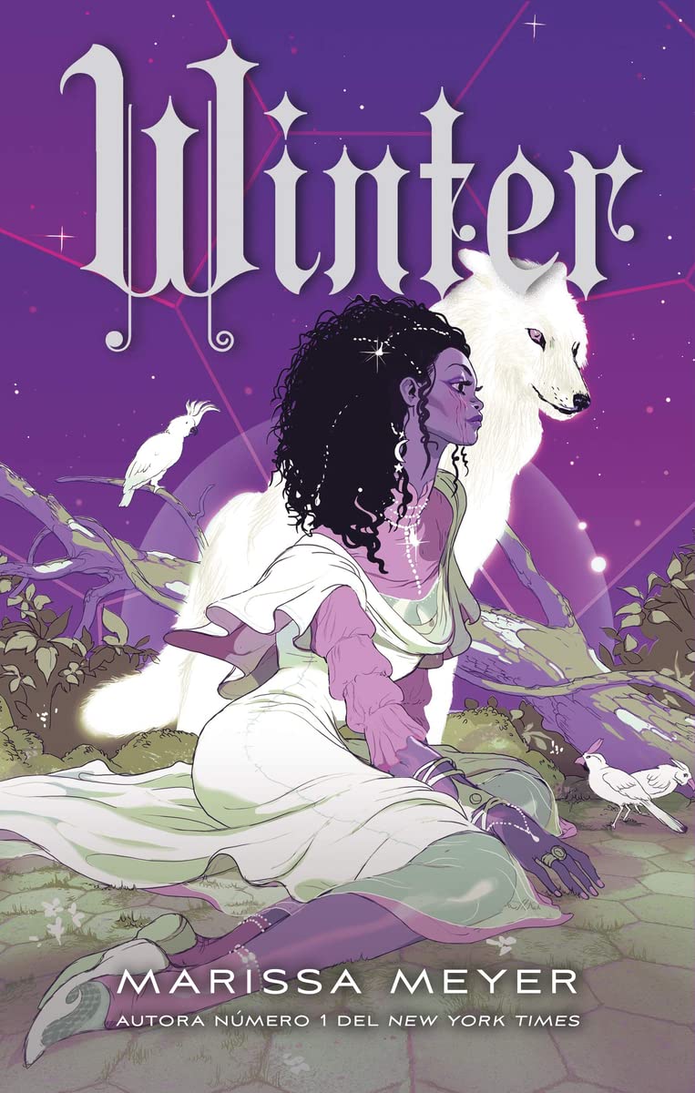 Book cover of 'Winter' by Marissa Meyer featuring a woman with a white wolf on a purple background. available in BD