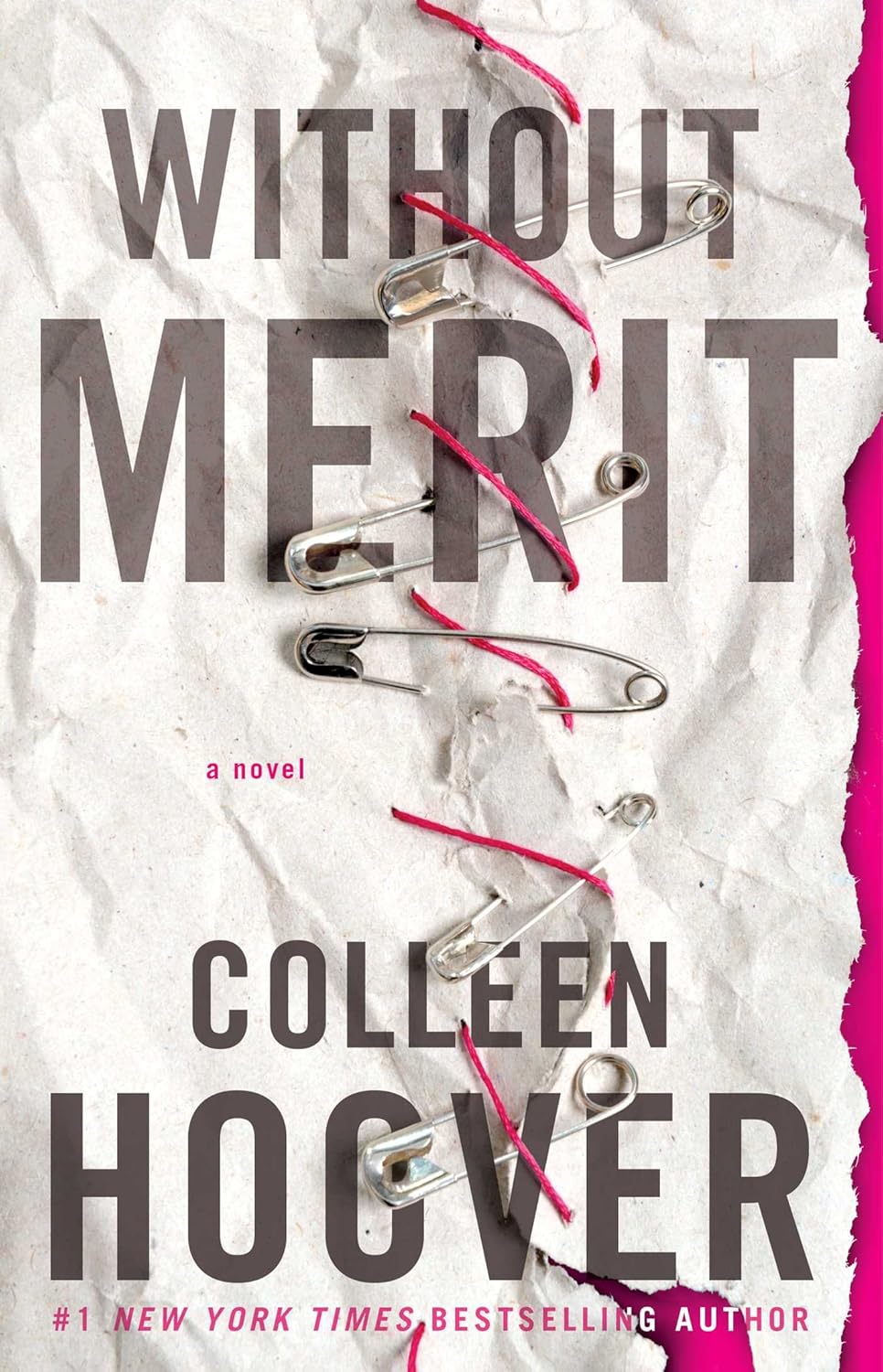 Book cover of 'Without Merit' by Colleen Hoover with pins and string on a textured background. Bookish Wonderland offers books for teachers throughout Bangladesh.
