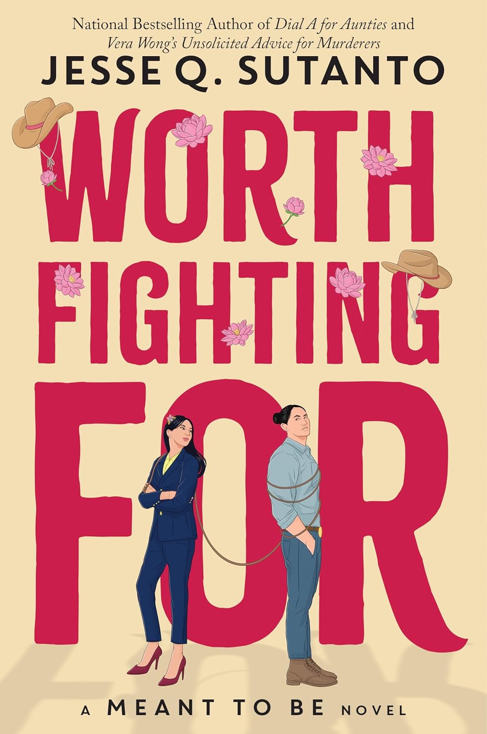 Book cover of 'Worth Fighting For' by Jesse Q. Sutanto with two women on a beige background.