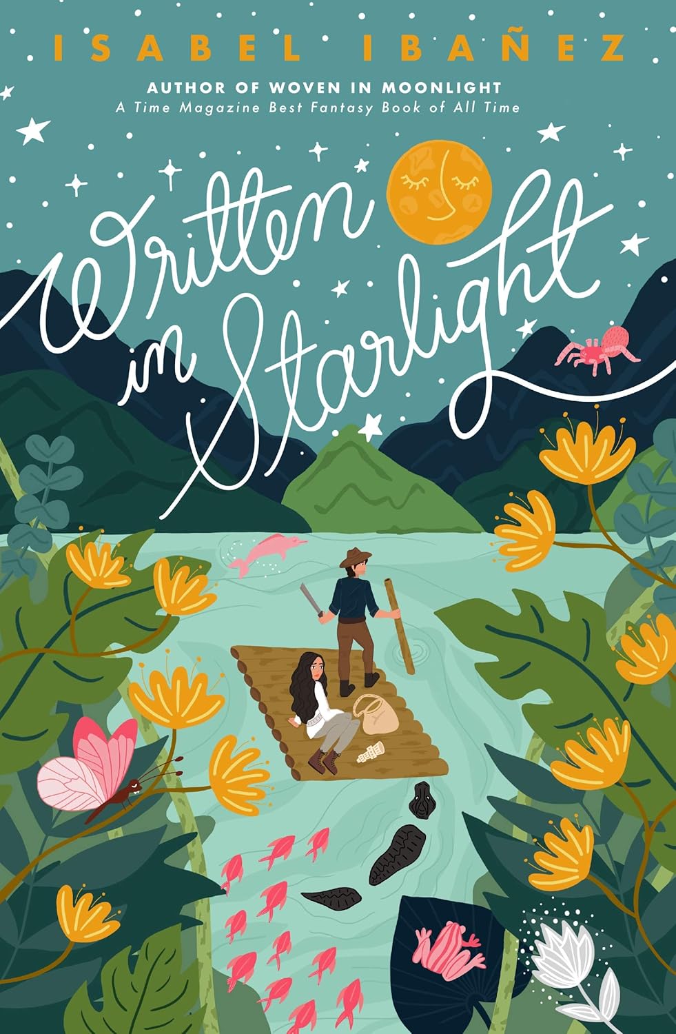 Book cover of 'Written in Starlight' by Isabel Ibanez with a couple on a raft over water, surrounded by nature.
