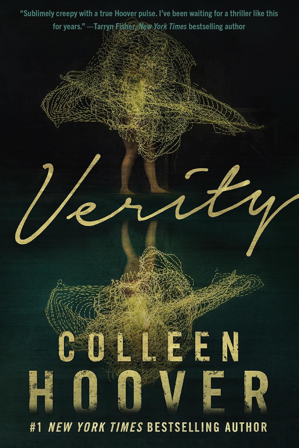 Book cover for "Verity: A Novel" by Colleen Hoover, featuring moody atmospheric abstract visuals with bold title typography and bestselling author branding.