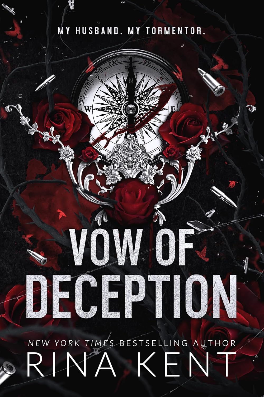 Vow of Deception dark mafia romance book cover by New York Times bestselling author Rina Kent with red roses, compass design, and flying bullets on a dark background, available for delivery across Bangladesh.
