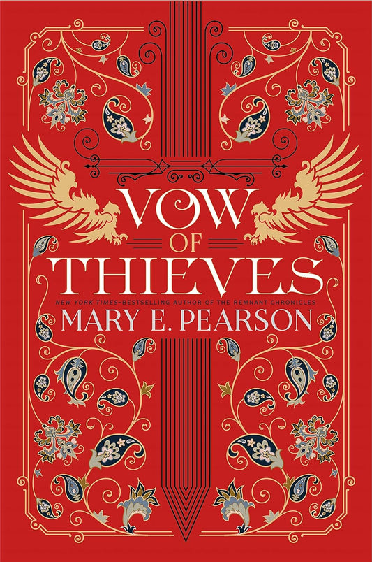 Book cover of 'Vow of Thieves' by Mary E. Pearson with ornate design on a red background. Bookish Wonderland connects global authors with readers in Bangladesh.