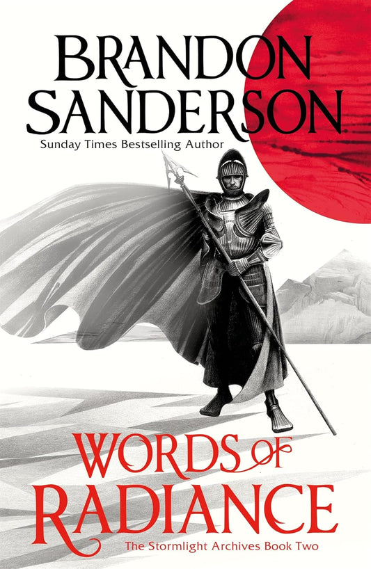 Book cover of Words of Radiance (The Stormlight Archive Book 2) by Brandon Sanderson, featuring a armored warrior and a large red sun graphic. Buy this epic fantasy novel online in Bangladesh at the best price with fast home delivery and cash on delivery across BD from Bookish Wonderland.