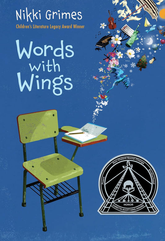 Book cover image of Words with Wings children's verse novel by Nikki Grimes, featuring a green classroom desk and imaginative symbols against a blue backdrop. Buy this inspiring children's book online in Bangladesh at the best price with fast home delivery and cash on delivery across BD from Bookish Wonderland.