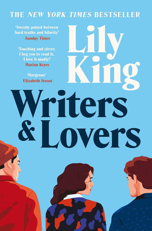 Book cover of 'Writers & Lovers' by Lily King with three people on a blue background. Bookish Wonderland supplies books for libraries across Bangladesh.